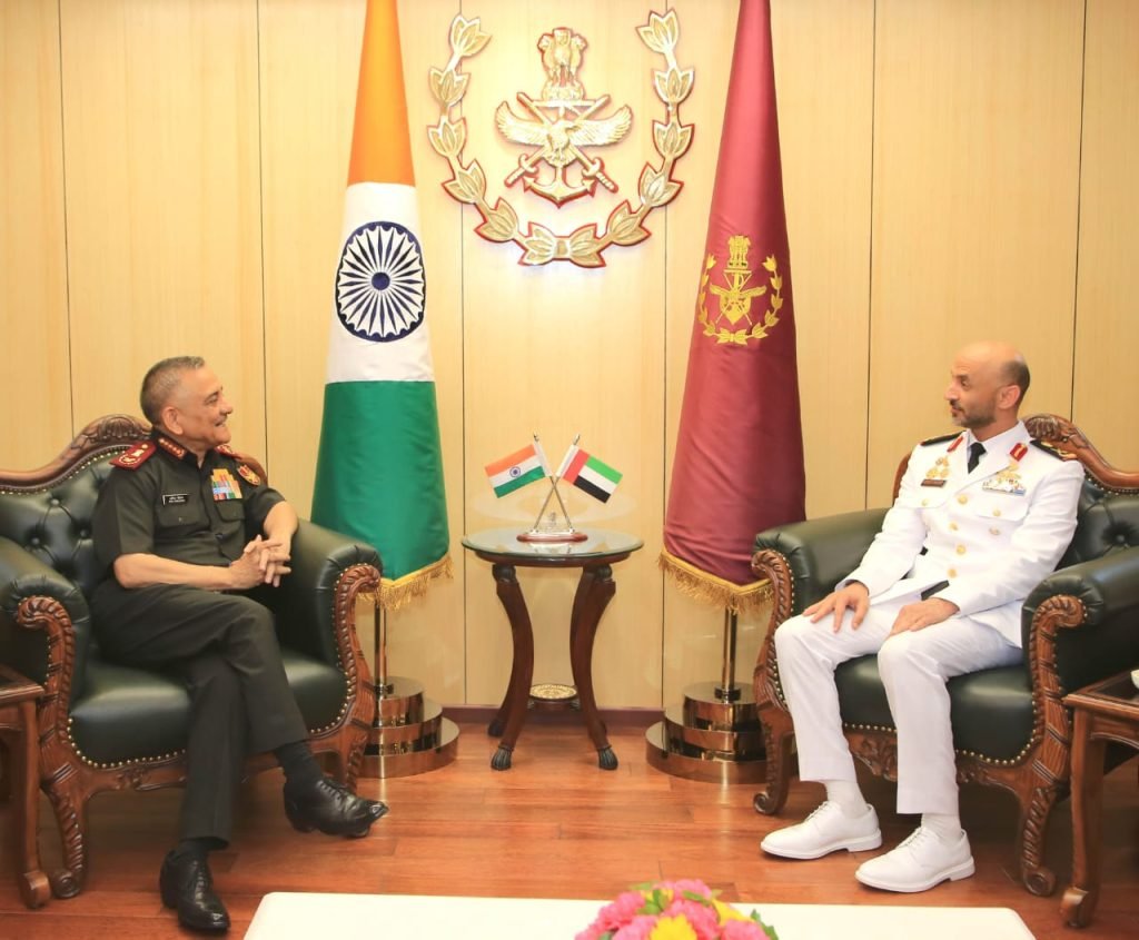 Major General Humaid Mohammed Abdullah Alremeithi in talks with Admiral Dinesh K Tripathi, CNS